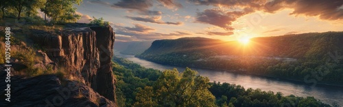 A breathtaking view of the Hudson River Valley at sunrise, highlighting the lush greenery and rocky cliffs under vibrant skies