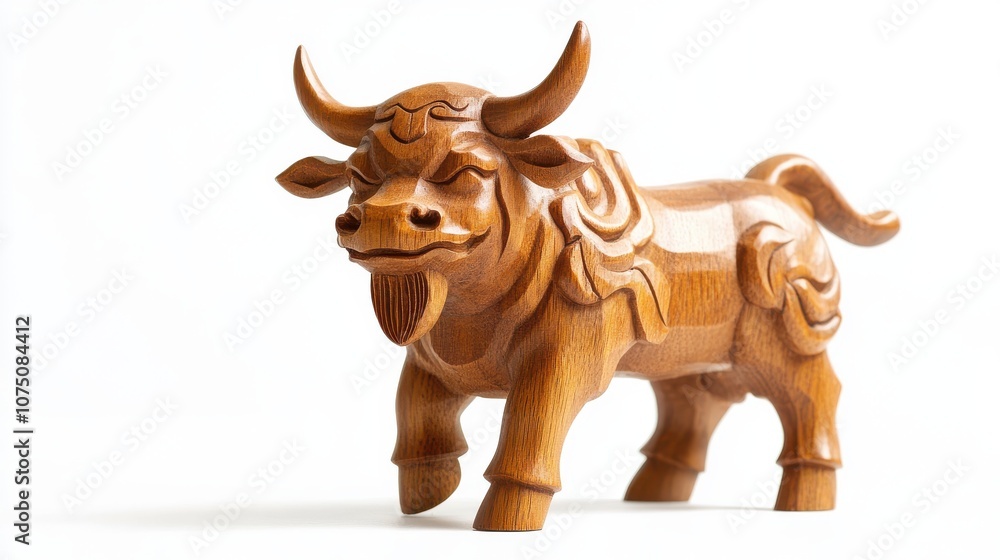 A handcrafted wooden bull sculpture, symbolizing strength and prosperity. A handcrafted wooden bull sculpture, symbolizing strength and prosperity.
