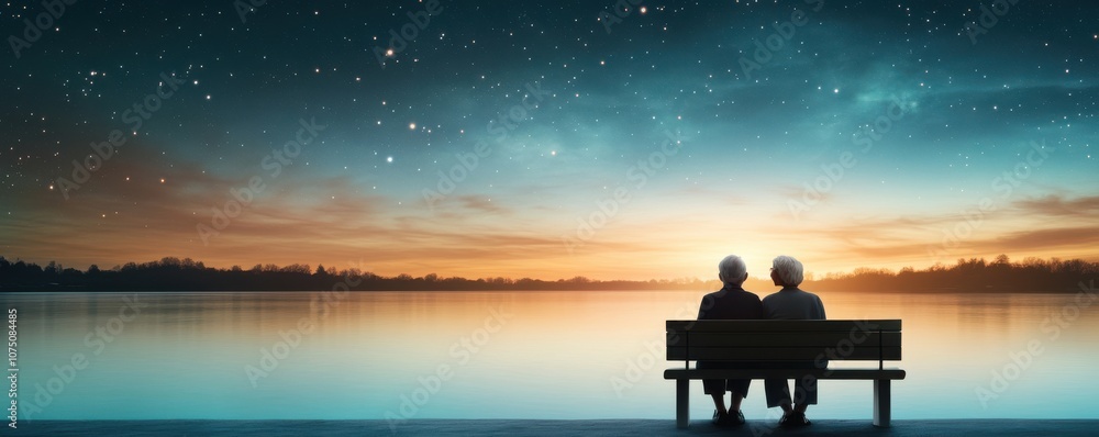 Fototapeta premium Elderly couple enjoying a serene sunset by the lake together.