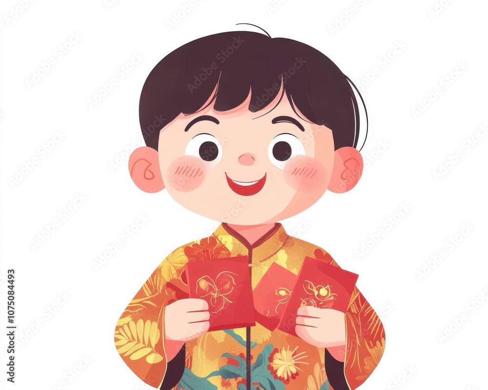 A happy child in traditional clothing holding red envelopes for festive celebrations. A happy child in traditional clothing holding red envelopes for festive celebrations.