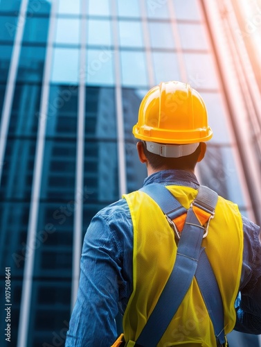 Construction worker in hard hat observing tall modern building. photo