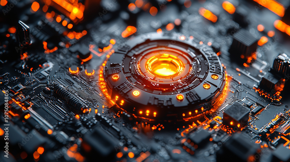 A hyper-detailed 3D rendering of a technical abstract background in vibrant orange and deep black. Generative AI A hyper-detailed 3D rendering of a technical abstract background in vibrant orange and deep black. Generative AI