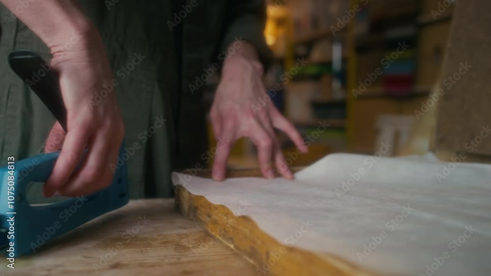 Closeup midsection shot of hands of faceless upholsterer fixing upholstery wadding on wooden chair framework with construction stapler, restoring old furniture in workshop, small business Closeup midsection shot of hands of faceless upholsterer fixing upholstery wadding on wooden chair framework with construction stapler, restoring old furniture in workshop, small business