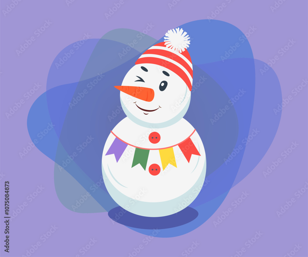 Cute snowman character vector illustration. Happy comic snowman in knitted hat with New Year or Christmas decorations on abstract purple background. Winter, holidays concept Cute snowman character vector illustration. Happy comic snowman in knitted hat with New Year or Christmas decorations on abstract purple background. Winter, holidays concept