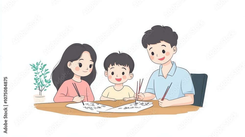 A happy family enjoying creative time together at home, drawing and coloring. A happy family enjoying creative time together at home, drawing and coloring.
