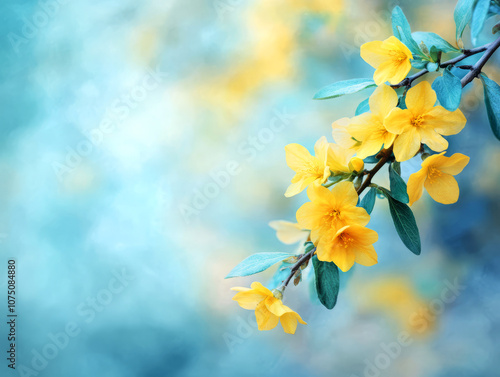 Beautiful Yellow Flowers on a Soft Blue Background Capturing the Essence of Spring with Delicate Petals and Refreshing Green Leaves in Nature's Palette