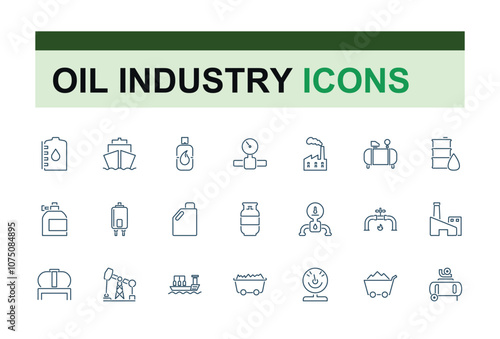 Gas and oil icons set in line style. Featuring energy, petroleum, production, refinery, storage, chemical, oil and more. Simple icon designs.