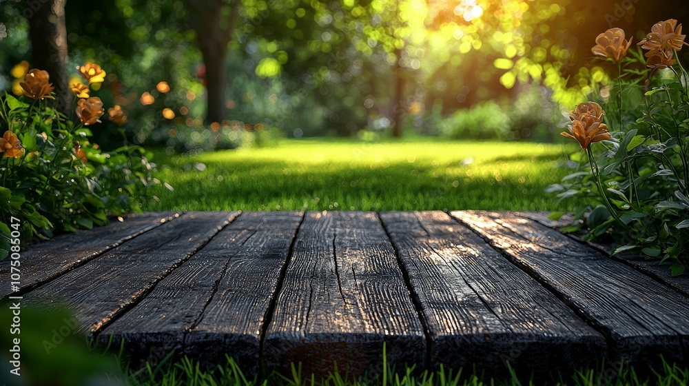 A serene garden scene featuring a wooden platform surrounded by lush greenery and flowers. A serene garden scene featuring a wooden platform surrounded by lush greenery and flowers.