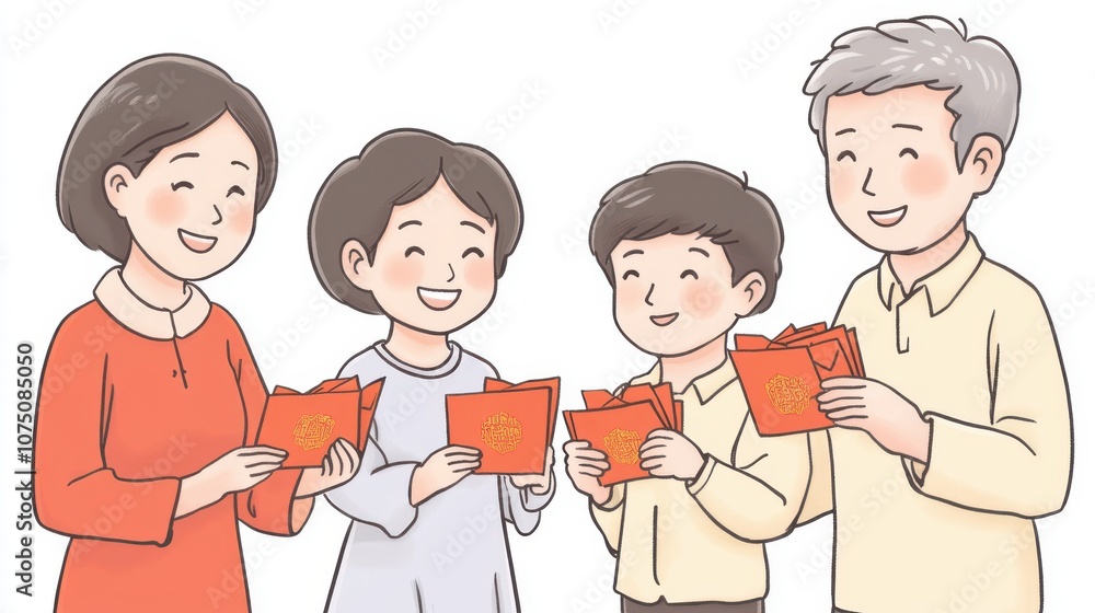 A happy family exchanging red envelopes during a festive celebration. A happy family exchanging red envelopes during a festive celebration.