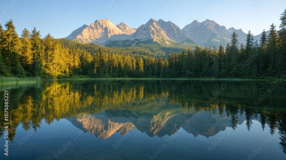 A tranquil mountain range reflecting in a serene lake surrounded by lush greenery at sunrise A tranquil mountain range reflecting in a serene lake surrounded by lush greenery at sunrise