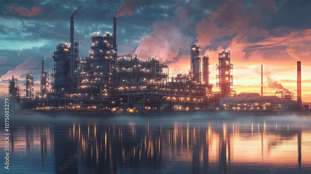Industrial Complex at Dusk Reflecting in Still Water Industrial Complex at Dusk Reflecting in Still Water
