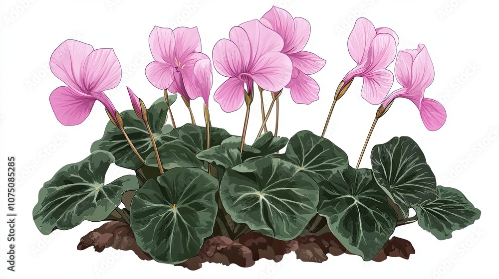 A Cluster of Pink Cyclamen Flowers with Green Foliage A Cluster of Pink Cyclamen Flowers with Green Foliage
