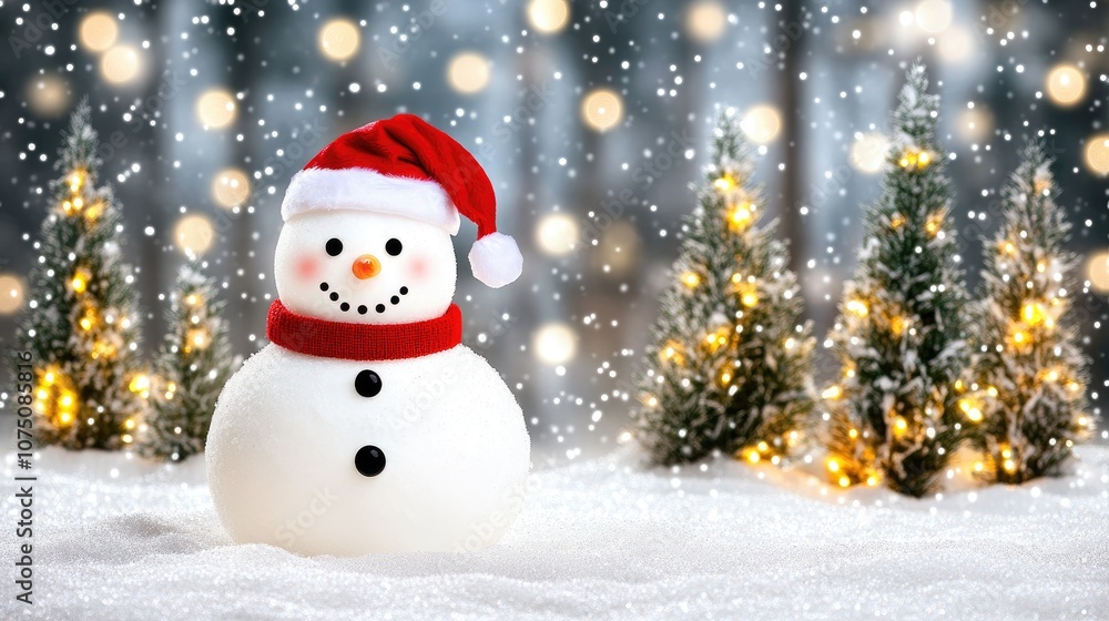 A snowman wearing a Santa hat, standing in a fun, wintry scene with snow-covered trees and holiday lights. A snowman wearing a Santa hat, standing in a fun, wintry scene with snow-covered trees and holiday lights.