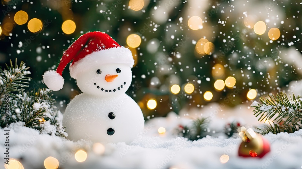 A snowman wearing a Santa hat, standing in a fun, wintry scene with snow-covered trees and holiday lights. A snowman wearing a Santa hat, standing in a fun, wintry scene with snow-covered trees and holiday lights.