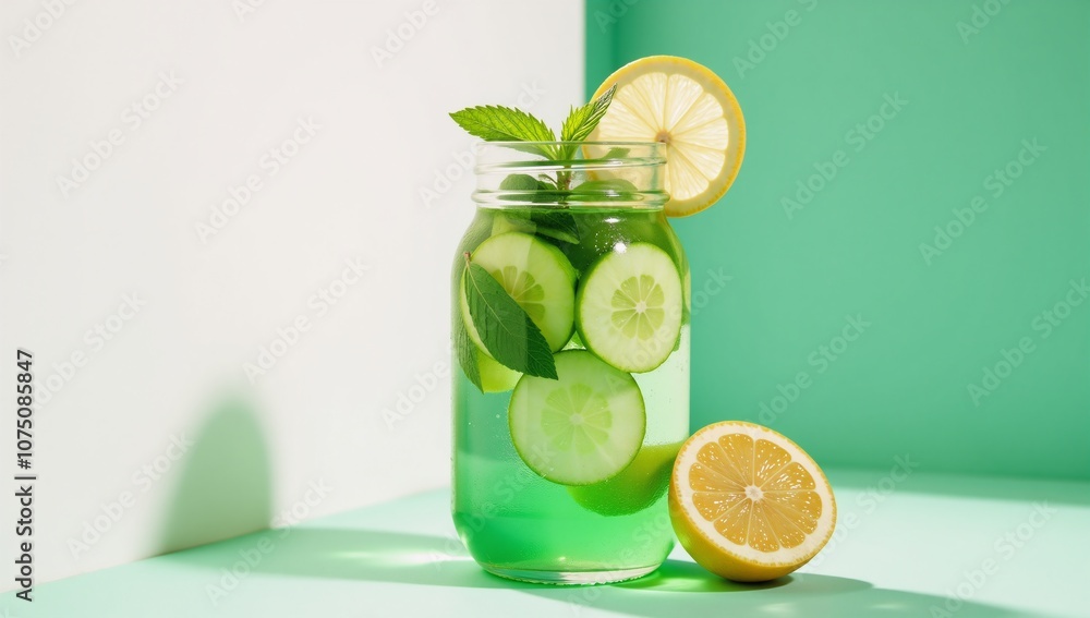 Fototapeta premium A vibrant health and wellness concept featuring a refreshing infused lemon-cucumber-mint detox drink in a stylish glass jar
