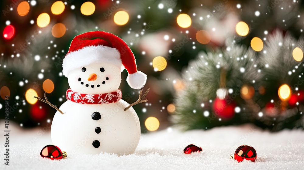 A snowman wearing a Santa hat, standing in a fun, wintry scene with snow-covered trees and holiday lights. A snowman wearing a Santa hat, standing in a fun, wintry scene with snow-covered trees and holiday lights.