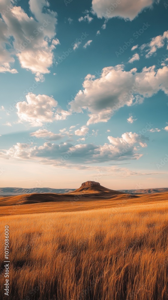 Obraz premium A tranquil view of the expansive prairies in eastern landscape under a clear blue sky with soft clouds at sunset