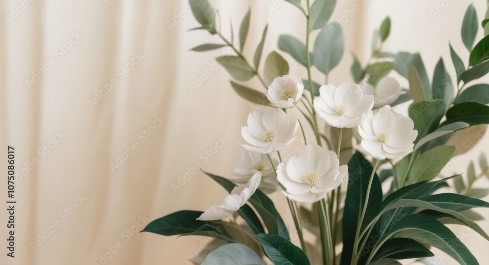 White Flowers and Green Leaves Frame a Beige Background. White Flowers and Green Leaves Frame a Beige Background.