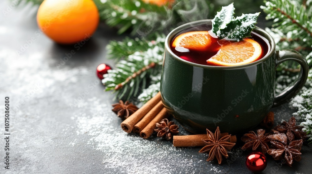 A steaming cup of mulled wine with orange slices, cinnamon sticks, and a sprig of holly, evoking the warmth of Christmas in a cozy winter setting. A steaming cup of mulled wine with orange slices, cinnamon sticks, and a sprig of holly, evoking the warmth of Christmas in a cozy winter setting.