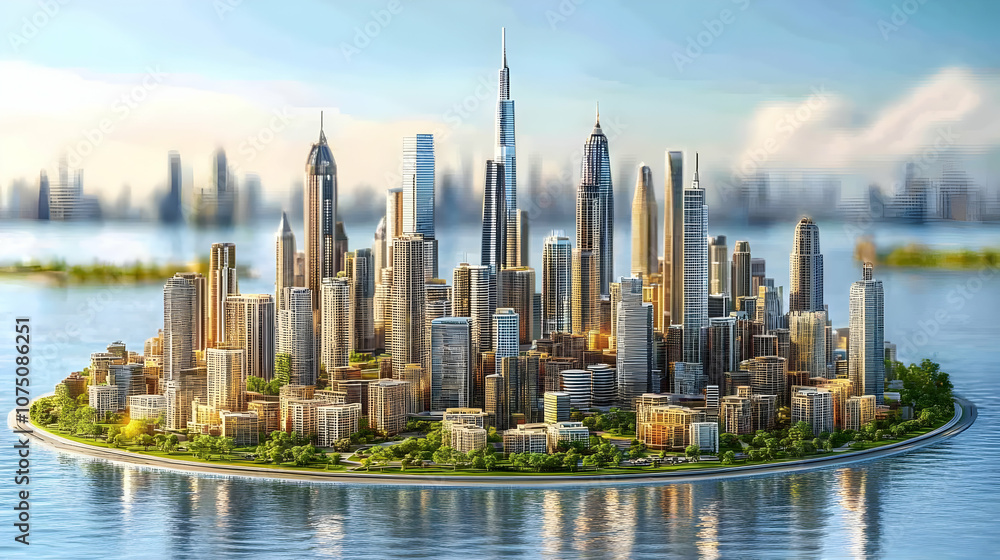 Fototapeta premium 3D City Island Skyscrapers Urban Landscape Illustration