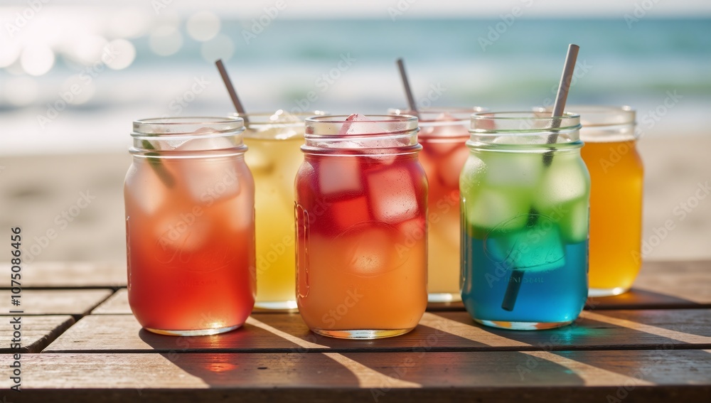 Colorful cocktail jars on beach-bar table closeup Colorful cocktail jars on beach-bar table closeup
