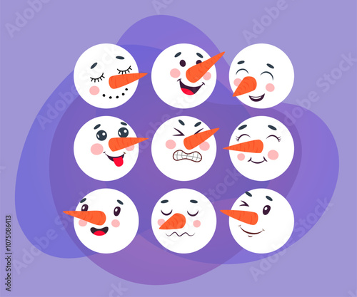 Faces of cute snowman cartoon character vector illustrations set. Comic character with carrot for nose isolated on white background. Winter holidays concept for greeting card or Christmas decorations