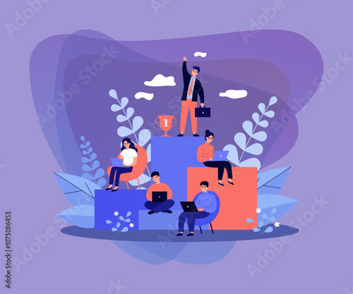Employees working and competing for success on career growth ladder. Vector illustration for corporate hierarchy, career planning, business competition, leadership concept