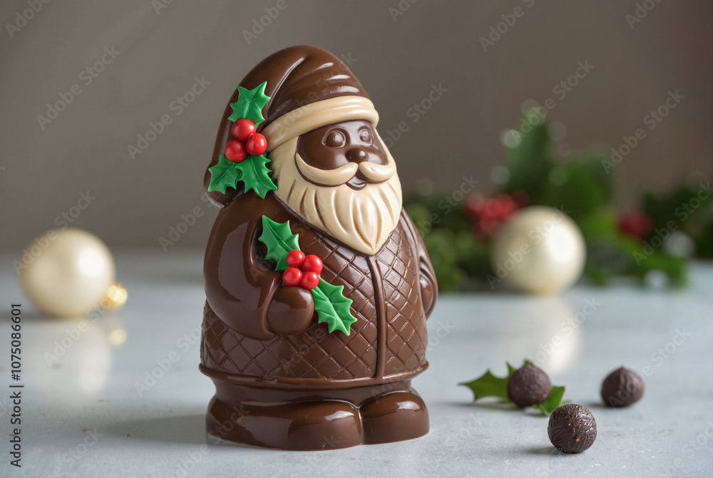 Fototapeta premium Festive Chocolate Santa Figurine with Holly Decoration