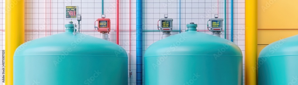 Colorful industrial tanks with pressure gauges on a grid backdrop. Colorful industrial tanks with pressure gauges on a grid backdrop.
