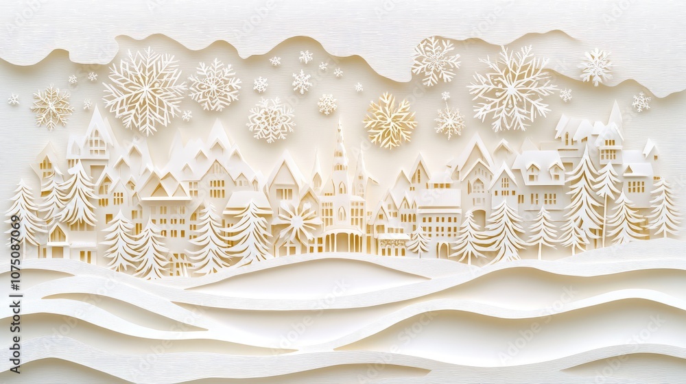 A winter-themed paper cut-out scene with snowflakes and empty surrounded by evergreen trees and festive decorations. A winter-themed paper cut-out scene with snowflakes and empty surrounded by evergreen trees and festive decorations.
