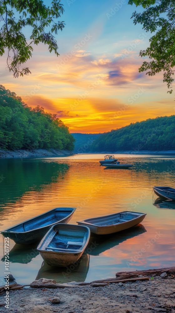 A tranquil sunset over the serene waters of Lake, with small boats gently resting on the shore and lush green hills in the background A tranquil sunset over the serene waters of Lake, with small boats gently resting on the shore and lush green hills in the background