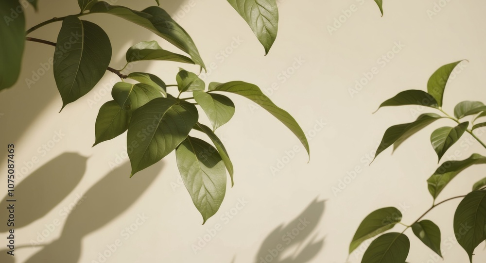 Green leaves casting soft shadows on a light beige wall during daytime. Green leaves casting soft shadows on a light beige wall during daytime.