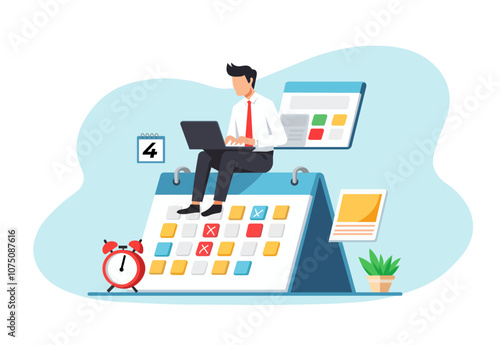 Efficient business planning with man working on laptop atop calendar, surrounded by reminders and plant, showcasing productivity and organization