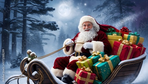 Santa's Night Flight:  Santa Claus, a jolly figure with a long white beard, sits in his sleigh loaded with colorful presents.  He navigates through a snowy forest lit by the moon.