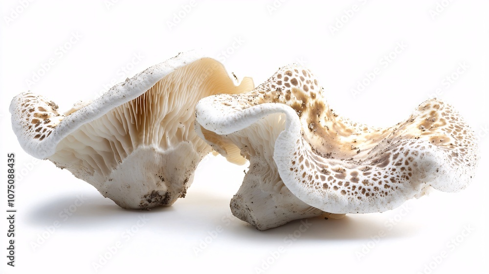 Fototapeta premium Two Wild Mushrooms on White: A Study in Texture and Form