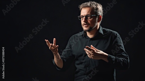 A man with a beard and glasses gesticulating with both hands