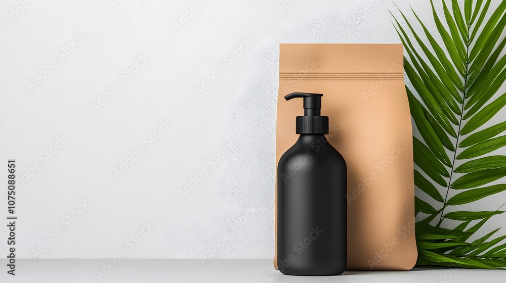 Black Pump Bottle and Brown Paper Bag with Green Leaf. Black Pump Bottle and Brown Paper Bag with Green Leaf.
