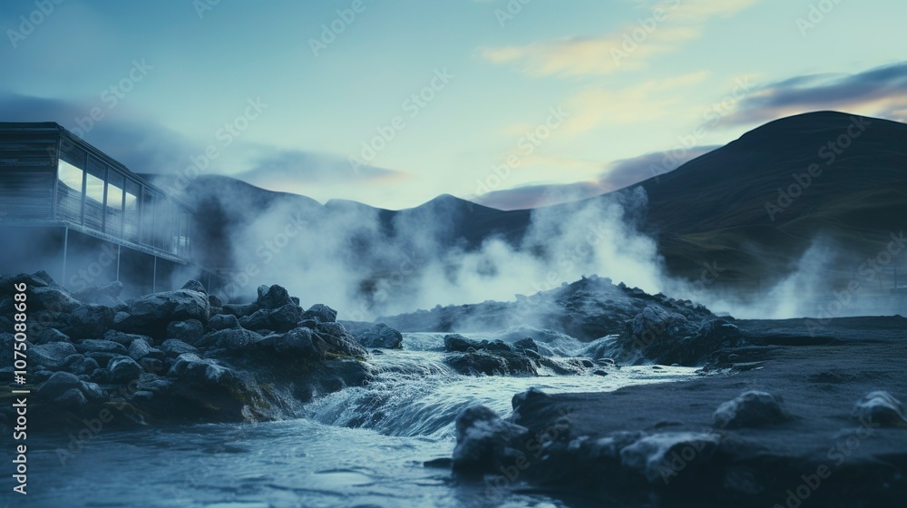 Obraz premium A photo of a geothermal hot spring with steam rising.