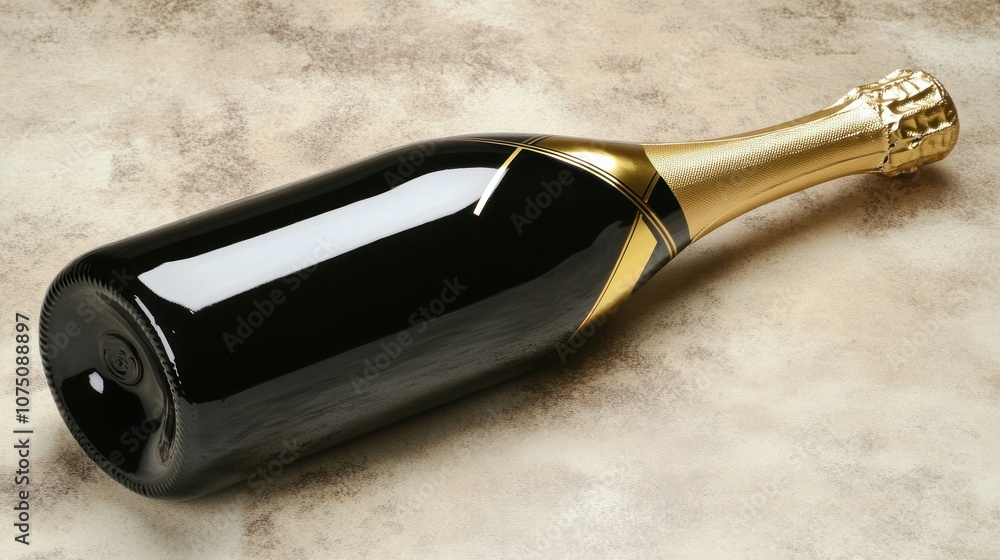 A sleek black bottle of sparkling wine with a gold label, resting on a textured surface. A sleek black bottle of sparkling wine with a gold label, resting on a textured surface.