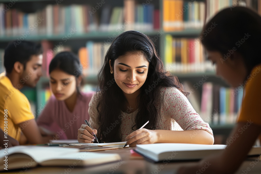 A group of Indian students were studying together in the library, while their female teacher helping them scribbling notes on their books and papers. A group of Indian students were studying together in the library, while their female teacher helping them scribbling notes on their books and papers.