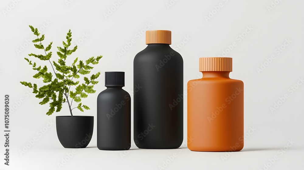 Black and Orange Bottles with Plant in Minimalist Setting. Black and Orange Bottles with Plant in Minimalist Setting.