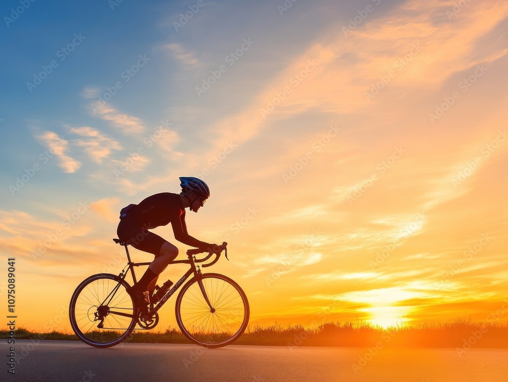 Fototapeta premium Cyclist rides during sunset, showcasing active lifestyle and freedom.