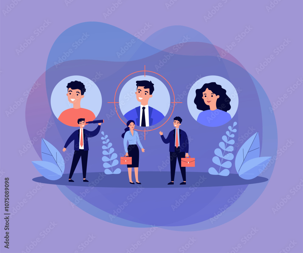Job candidates or employees with their profiles or personal data. Business people and their user pic. Vector illustration for target audience, sourcing, talent scouting concepts Job candidates or employees with their profiles or personal data. Business people and their user pic. Vector illustration for target audience, sourcing, talent scouting concepts