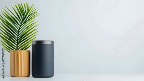 Wallpaper Mural Minimalist Product Mockup with Palm Leaf and Two Cylindrical Containers. Torontodigital.ca