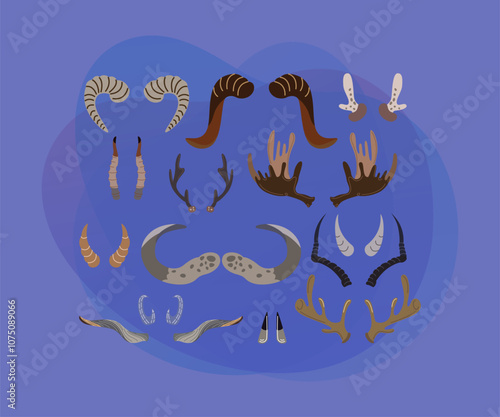 Horns and antlers of different shapes vector illustrations set. Horns of wild animals as trophies: ram, stag, reindeer, moose, cow, deer isolated on white background. Wildlife, hunting concept