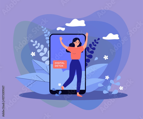 Happy woman stepping out of mobile phone screen flat vector illustration. Cartoon young person limiting internet access to herself. Digital detox and modern lifestyle concept