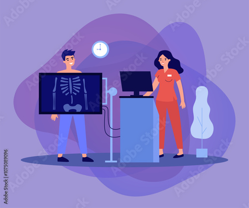 Medical doctor taking xray for patient isolated flat vector illustration. Cartoon bones examination in clinic or hospital. Radiology and skeleton diagnostics concept