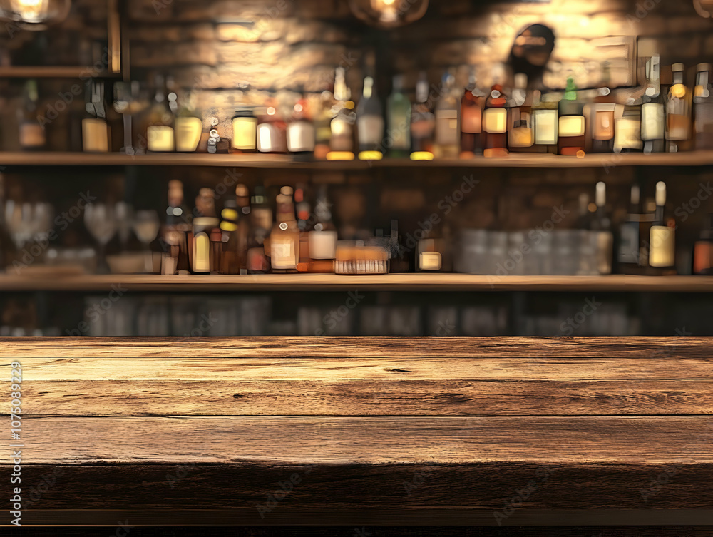 Illustration - Empty Wooden Table Top with Blurred Bar Background Illustration - Empty Wooden Table Top with Blurred Bar Background