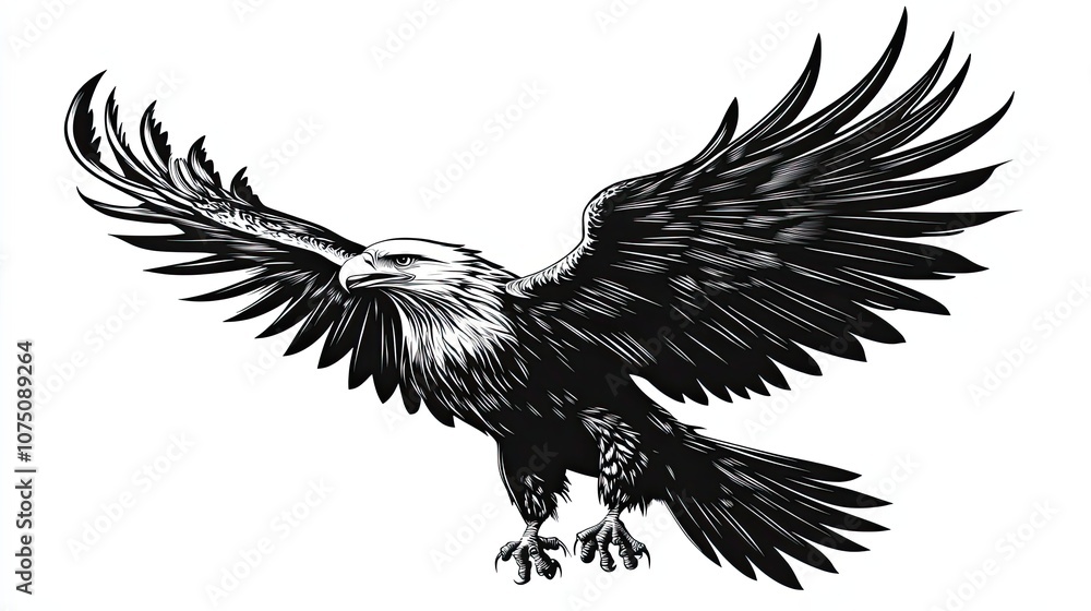 Obraz premium A Black and White Illustration of a Bald Eagle in Flight