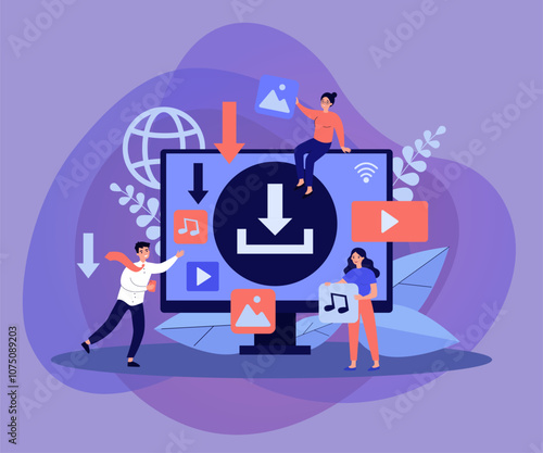 Multimedia content upload interface. Internet users downloading music, video piratic files. Tiny people at computer screen. Flat vector illustration for torrent data, digital content sharing concept